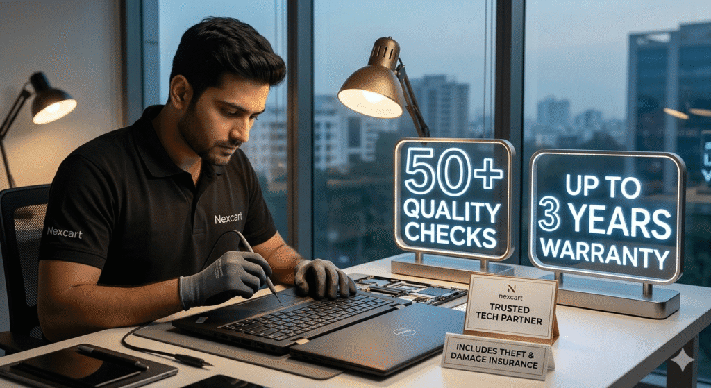 Certified refurbished laptop being inspected by a Nexcart technician in Kolkata with 50+ quality checks and 3-year warranty.